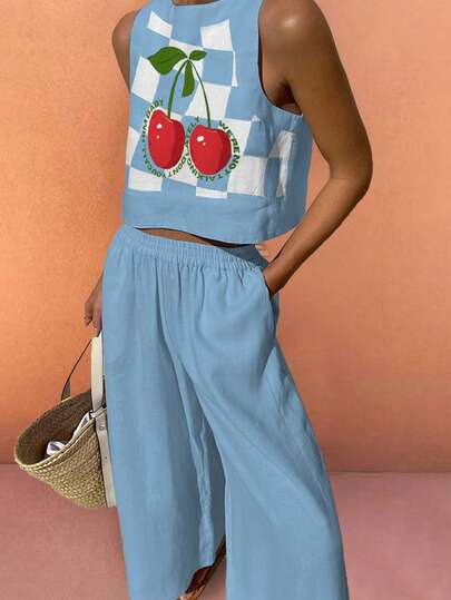 MOOSGOP Women's Summer Casual Beachwear: Versatile, Comfortable, And Perfect For Home Or Vacation / Two Pieces Set With Color-Blocked Checkered Cherry Print / Women's Summer Beachwear