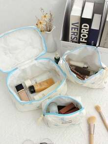 3pcs Pink Bow Bunny Aesthetic Makeup Bag Set, Retro Satin Printed Cosmetic Organizer Pouch, Travel Toiletry Bag, Makeup Brush Holder, Suitable For Daily Use, Travel, Weekend, Christmas, Wedding, Valentine's Day - Multicolor - View 7