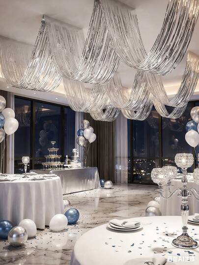 Tinsel Streamer Decorations With Adhesive, 450cm By 35cm ,Featuring A Silver Wave Design For A Suspended Ceiling Backdrop, Ideal For Elegant Weddings, New Year'S Eve