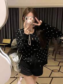 Áo khoác cardigan dệt kim dáng rộng cho nữ, cổ tròn, dáng thoải mái, áo khoác ngắn ôm dáng màu đen, thích hợp cho kỳ nghỉ. - màu đen - Xem 2
