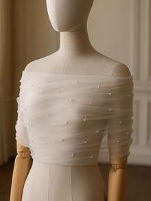 1件女士无肩带披肩，珍珠串珠雪纺短披肩，连衣裙外套 - 乳白色 - 查看 5