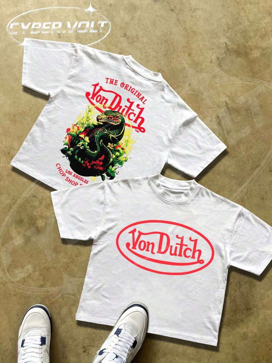 Dutch ManfinityY 2K Style Print (180g Pure Cotton T-Shirt) Cotton T-Shirt - Soft And Breathable, 100% Pure Cotton Fabric - Comfortable And Vibrant Summer Streetwear Short-Sleeved T-Shirt, Cool Motorcycle Design, Vintage Summer Men's Everyday Wear T-Shirt - White - View 1