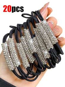 20/10/3pcs Women's Ponytail Rhinestone Hair Tie, Light Luxury Versatile Rubber Band, Reusable High Elasticity Women's Hair Rope, Suitable For Daily Dressing, Travel, Beach, Holiday Gift Giving Hair Rubber Bands Scrunchies Elastic Hair Tie - Black - View 9