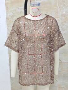 Women Sequin Sheer Short Sleeve Glitter T Shirt Sparkle See Through Crochet Cover Up Swimsuit Beach Shiny Mesh Blouse Top - 米色 - 查看 7