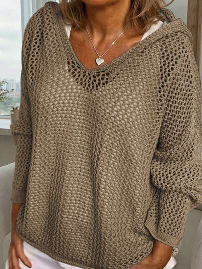 Lubi Women's Spring/Autumn/Summer Hollow V-Neck Long Sleeve Loose Relaxed Knit Sweater, Breathable Knit Fabric, Casual Comfortable For Daily, Commute, Home, Afternoon Tea, Beach Vacation