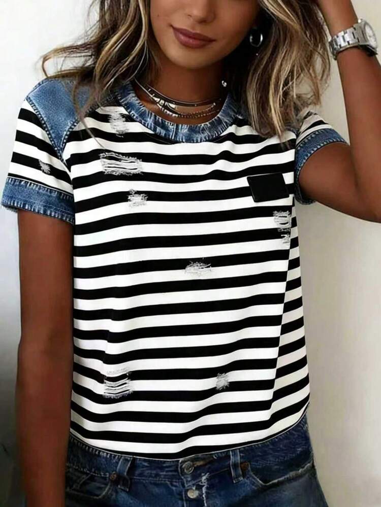 Women's Fashion Loose Casual Contrast Striped Denim Style Short Sleeve Shirt Summer - Multicolor - View 5