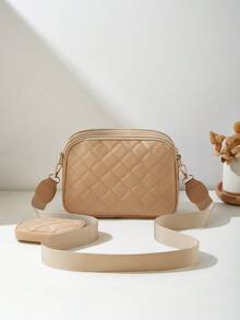 2pcs/Set Fashionable Rhombus Stitching Multilayer Crossbody Shoulder Bag & Charm Bag For Women - Khaki - View 5