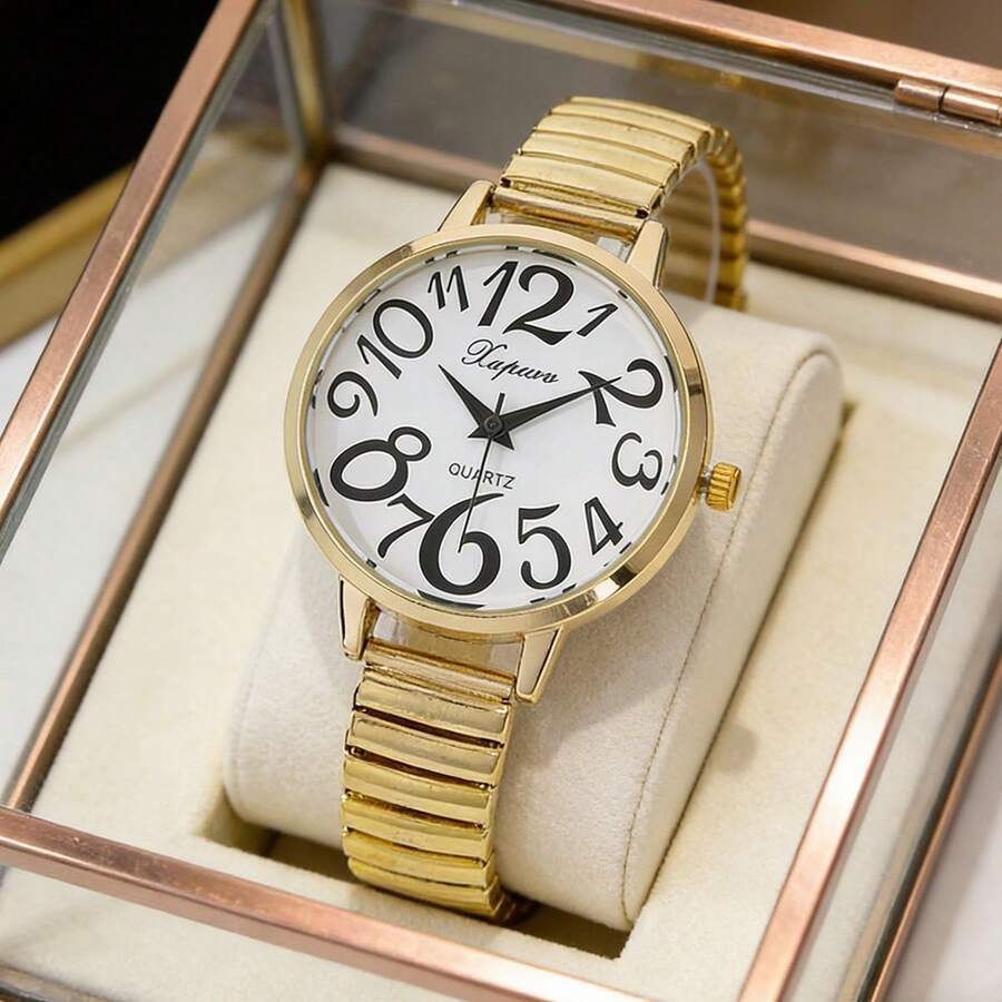 1 件女士石英表，阿拉伯数字时标，弹性表带，休闲圆形表盘，时尚奢华女士腕表 - 金色 - 查看 1