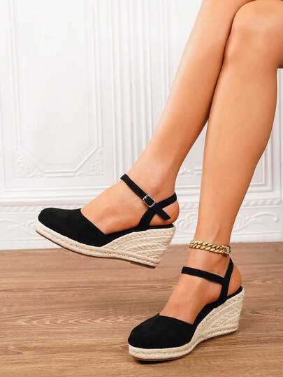 Sandálias De Plataforma Femininas, Pretas, De Bico Quadrado, Com Salto De 8 Cm (3,15 Pol.), Confortáveis, Em Palha Trançada Com Detalhes Vazados, Tamanhos 34 A 43.