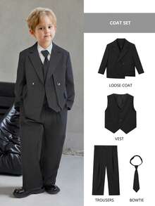 4pcs Young Boys Suit Set, Includes Jacket + Vest + Pants + Tie, Unique Design, Suitable For Festivals, Weddings, Pageants - Black - View 2