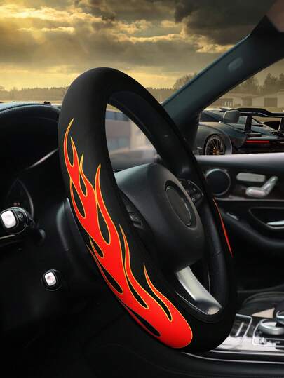 MEIKAXIU 15-Inch Flame Printed Waterproof Anti-Slip Steering Wheel Cover Made Of Diving Fabric, Suitable For 14.5-15 Inch Steering Wheel