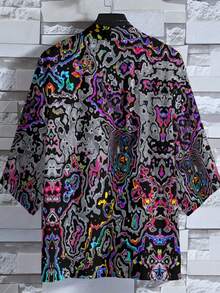 Music Festival Bold Statement! Iridescent Fluid Print Woven Cardigan, Avant-Garde And Eye-Catching, Men's Spring And Summer Streetwear And Birthday Gift Choice, Iridescent Fluid Pattern Men's Printed Cardigan - Nhiều màu - Xem 4