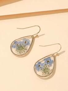 1pair Teardrop Shape Resin & Dried Flower Earrings With Glue Surface, Suitable For Women's Daily Wear,Natural Dried Flowers, Random Shapes And Colors Valentines,Mom,Mother,Mother's Day,Gift - 粉色 - 查看 3