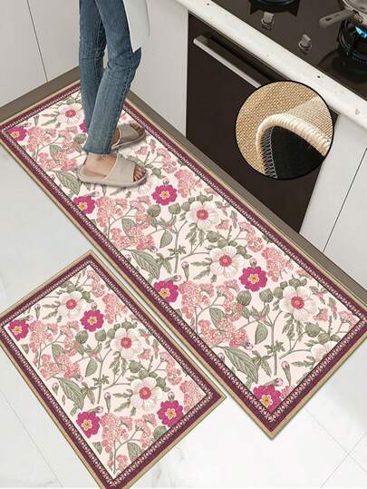 3.5mm Thick Soft Rubber Linen Kitchen Mat, Vintage Floral American Style Absorbent Kitchen Rug, Edged Carpet To Prevent Peeling, Water-Absorbing And Easy To Clean Mat, Linen Surface With Sponge Middle And Rubber Bottom, Suitable For Kitchen, Bathroom, Laundry Room, Hallway, Living Room And Other Spaces