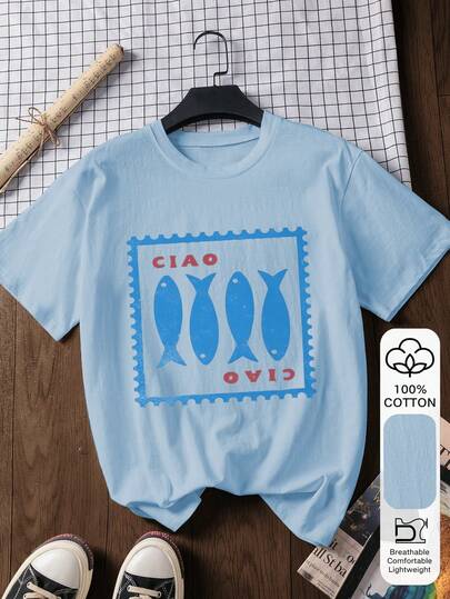 100% Cotton Women's Short-Sleeve CIAO Fish Print Casual Summer T-Shirt, Retro Sports Lunar New Year