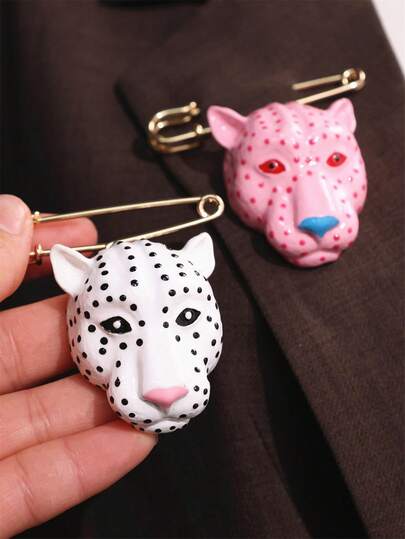 Broche de tête de léopard exagérée vintage en émail, épingle de revers de costume personnalisée