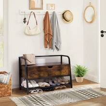 Shoe Bench With Storage Space Bench Industrial Design Shoe Rack Vintage Metal Frame Dark Brown 90 X 40 X 45 Cm Hinged Lid Grid Shelf Wardrobe Bench Retro Wood Look - Brown - View 4