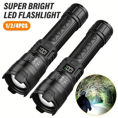 LiHangStar 1/2/4支装可充电LED手电筒，便携式伸缩变焦手电筒，带电量指示器，3种照明模式，适用于户外、露营、钓鱼、工作和应急照明