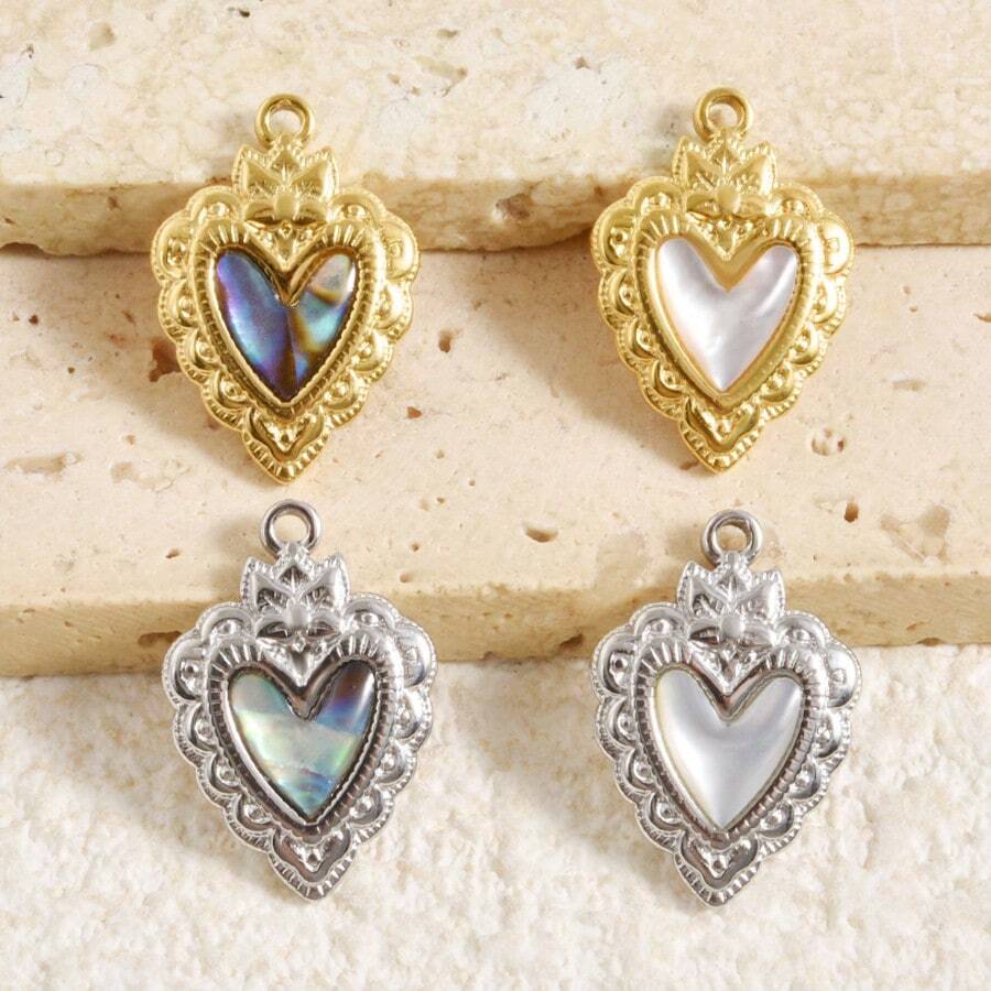 2pcs Heart-Shaped Pendant, Natural Abalone Shell, Glossy 304 Stainless Steel, Jewelry Making Supplies, Charm For Necklace, Earrings, DIY, Waterproof, Fade-Resistant, Fashionable Beach/Ocean Decor - Heart - View 1