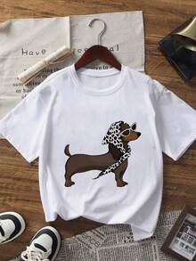 1 chiếc áo thun ngắn tay in hình chó Dachshund cho bé gái tuổi teen, quần áo học sinh, quà tặng mùa hè cho trẻ em. - trắng - Xem 3