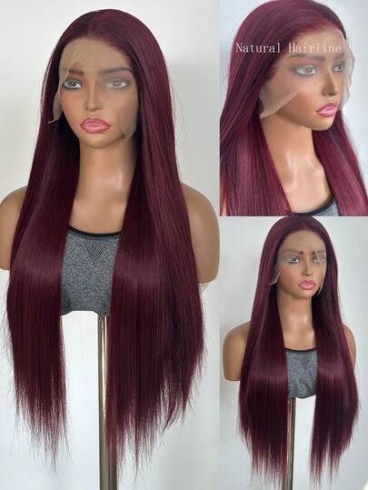 13"X4" Lace Front Synthetic Wig, Long Straight Wine Red Color, Natural Hairline, No Glue, Heat Resistant Fiber, Fashion For Women (Wine Red)