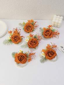 1pc/6pcs Orange Princess Rose With Small Daisy Romantic Pearl Chain Wrist Flower, Suitable For Bride, Groom, Bridesmaids, Wedding Decoration, Banquet, Party, Anniversary - Orange - View 2
