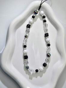 1pc Black & White Contrast, Iridescent Crystal, Geometric Block, Faux Pearl Beaded Keychain, Chic Phone Charm Strap, Fits All Phone Models, Suitable Gift For Mother, Family, Friends, Birthday, Holiday - Black and White - View 6