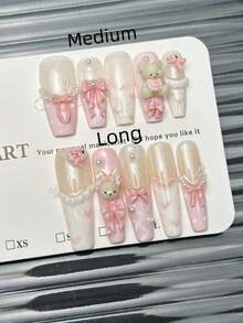 10片手工棺材形中长假指甲，可爱粉色法式美甲，手工波点、爱心、格子、蝴蝶结、仿珍珠3D蝴蝶熊装饰，时尚优雅奢华手工秋季美甲，现代美学秋季美甲，适合派对、日常、约会、海滩、度假、DIY美甲，送给女性和女孩的礼物，手工按压式美甲 - 粉色 - 查看 2
