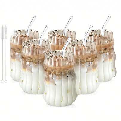  TUMATICLY 6PCS Glass Coffee Mug With Straw, Vintage Stripe Design, Office Simple Water Cup, Suitable For Iced Coffee And Drinks, Commercial Coffee Mug, Mug, Drinking Utensils, Holiday Gifts, Gift With Straw Cleaning Brush!