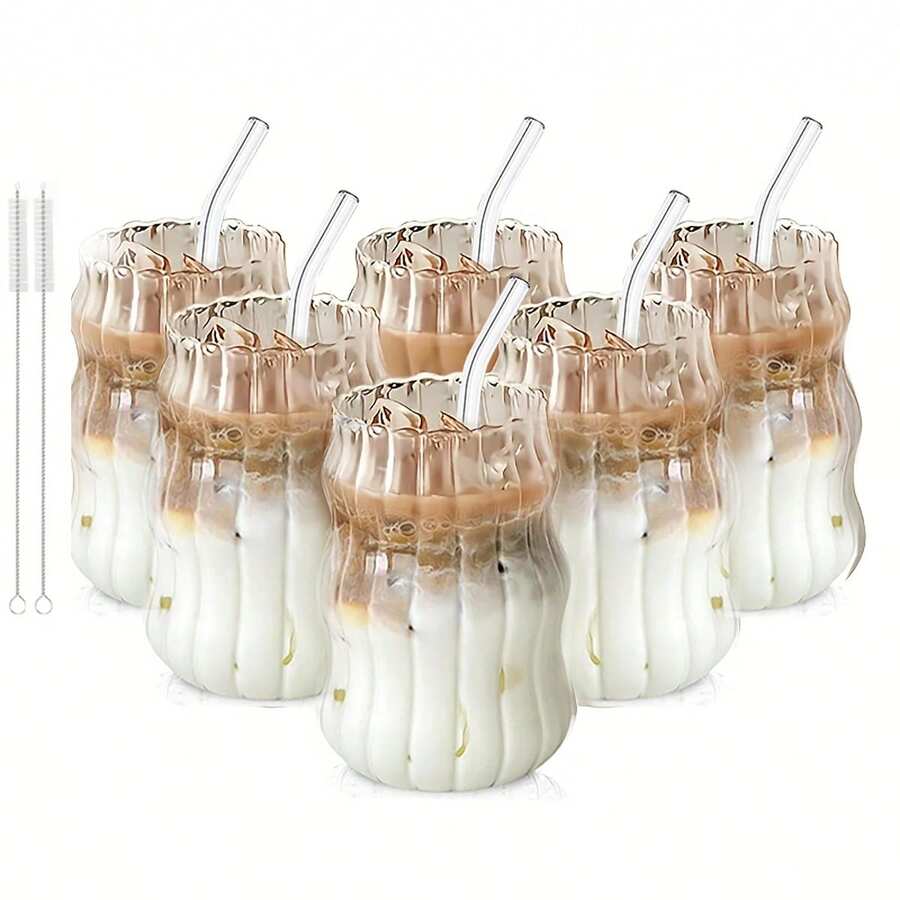 TUMATICLY 6PCS Glass Coffee Mug With Straw, Vintage Stripe Design, Office Simple Water Cup, Suitable For Iced Coffee And Drinks, Commercial Coffee Mug, Mug, Drinking Utensils, Holiday Gifts, Gift With Straw Cleaning Brush! - 透明 - 查看 1