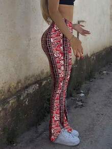AiTyi 女士喇叭裤，通勤时尚舒适休闲性感印花复古度假派对百搭针织裤，适合毕业典礼、独立日、新年、骄傲月、音乐节等各种场合，四季皆宜，复古印花针织裤，春季必备 - 紅色 - 查看 3