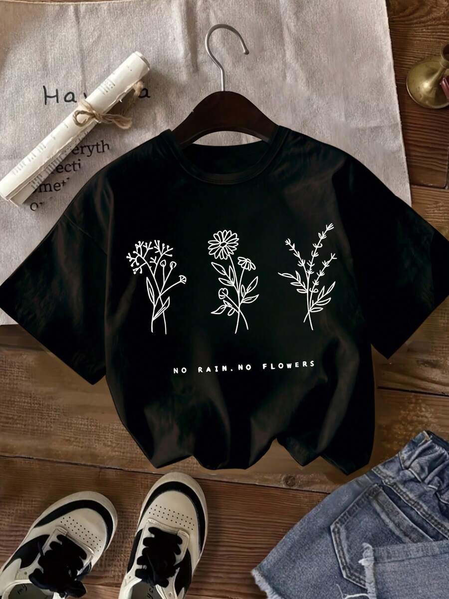 Linda Playera Motivacional de Verano para Niña, Estampado Flores Líneas Simples y Frase Sin lluvia no flores |   Ropa de niña, Ropa de niño, Conjuntos para niña - Negro - Ver 1