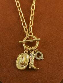 1pc Retro Classic Letter Western Cowboy Hat Pendant, With Gold Stainless Steel Paperclip Chain, Women Necklace - Yellow Gold - View 23