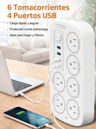 MOREKA Esta regleta multifuncional es ideal para uso doméstico y de oficina. Cuenta con 6 tomas de corriente, 4 puertos de carga USB, protección contra sobretensiones, control de potencia, protección contra sobretensiones y un cable largo.