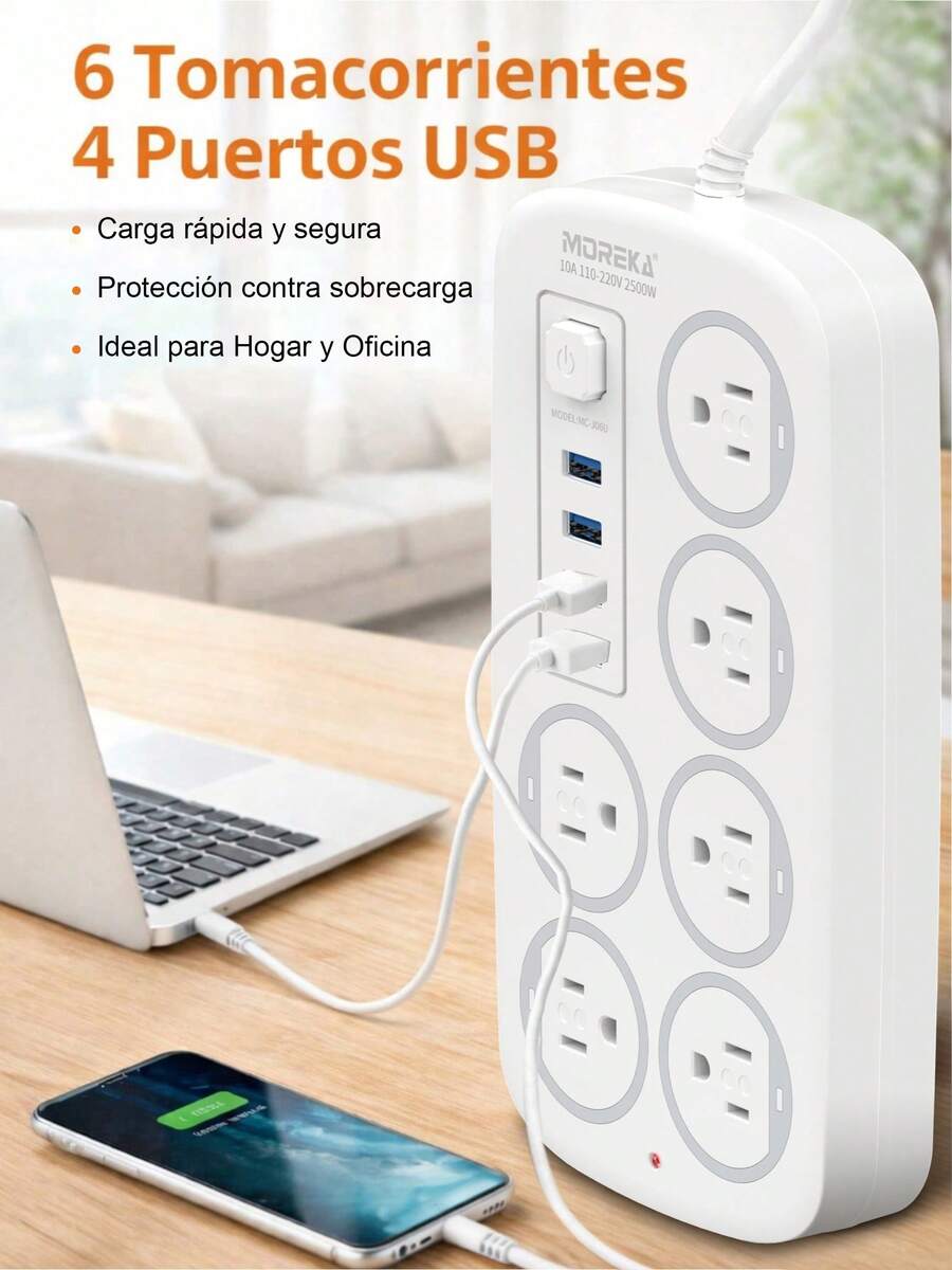 MOREKA This Multifunctional Power Strip Is Ideal For Home And Office Use. It Features 6 Power Outlets, 4 USB Charging Ports, Surge Protection, Power Control, And A Long Cable. - Putih - View 1
