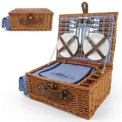 Traditional 4 Person Wicker Picnic Basket Insulated Hamper Set Cutlery Glasses