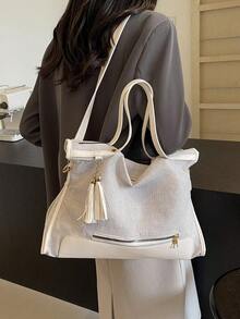 Women's Minimalist Color Block Fringe Zipper Decor Tote Bag - White - View 10