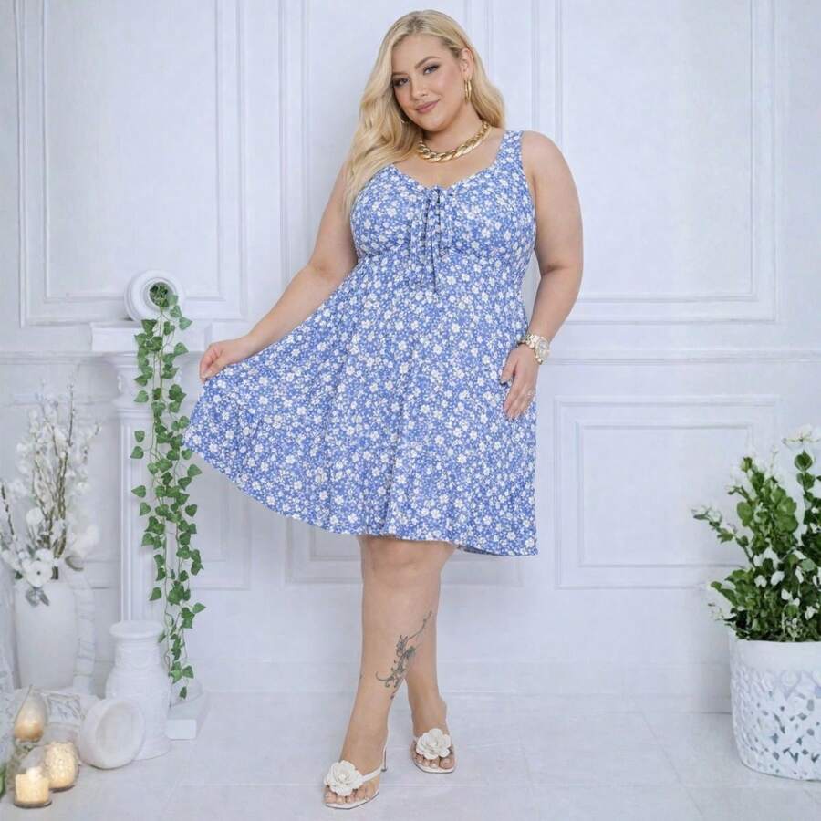 Plus Size Midi Dress With Elastane, Curve Print, Women's Style, With Ruffled Hem, Comfortable, Short Midi Dress - Florida - Ver 1