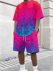 Two-Piece, Vibrant And Eye-Catching, Knitted Fabric, Gradient Color Design, Men's Seaside Vacation, Summer Seaside Vacation, Red, Blue And Pink Gradient Wave Pattern, Men's Short-Sleeve Beach Pants Set - 彩色 - 查看 4