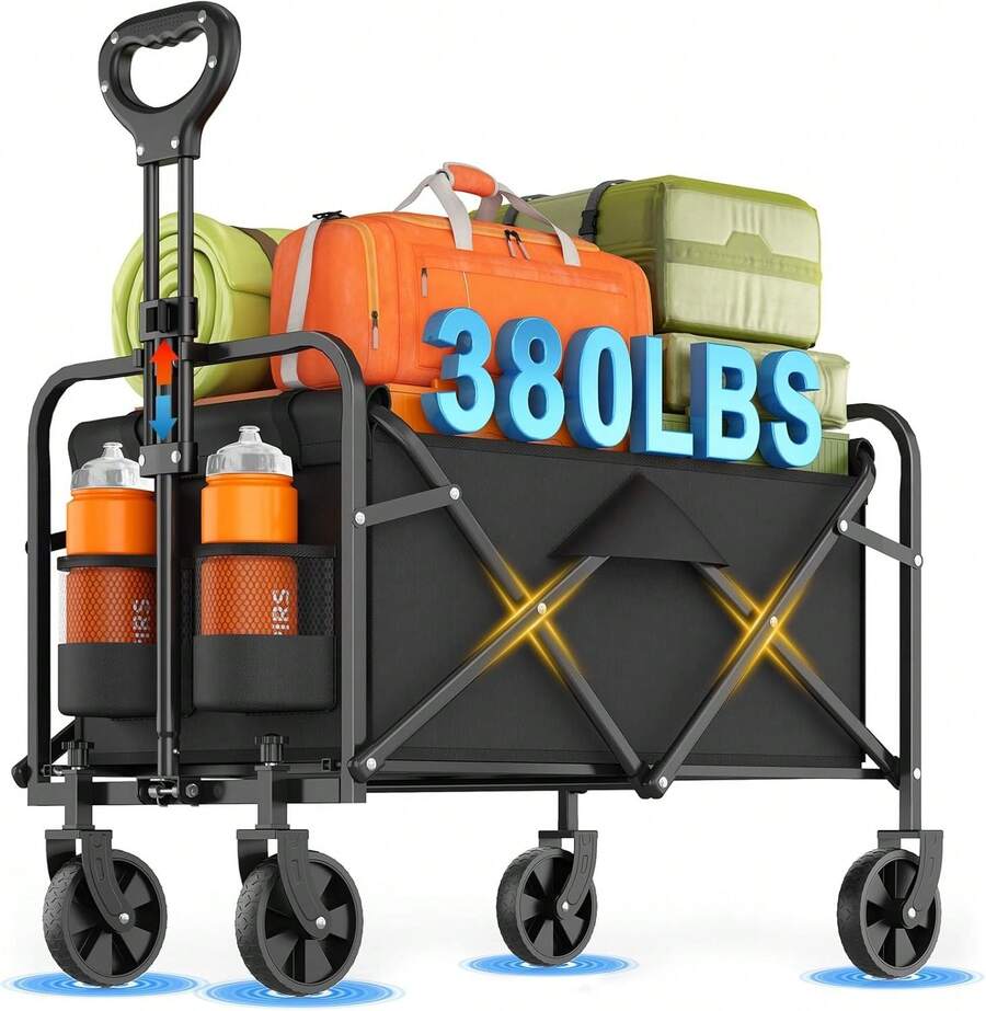 InBrave Portable 29.5" Collapsible Wagon Cart, Heavy Duty Folding Utility Wagon With 360lbs Load, All-Terrain Wheels For Camping, Beach, Garden & Grocery Shopping - Black - View 1