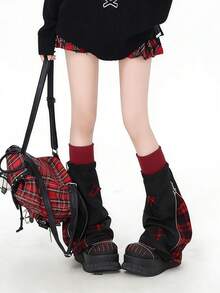 1 双黑红格子轻薄多层保暖腿套，饰有星形拼接和拉链设计，小众风格 - 黑色 - 查看 5