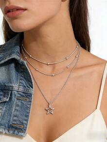 1 pieza Collar de estrella hueca multicapa, adecuado para el uso diario casual de las mujeres - Plateado - Ver 7