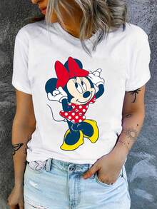 Disney 1pc Women's Short Sleeve T-Shirt, Minnie Mouse Graphic Print, Round Neck With Slight Stretch, Easy Care Fabric, Suitable For Daily Wear, Fashionable Women's Short Sleeve T-Shirt, Casual Wear - White - View 3
