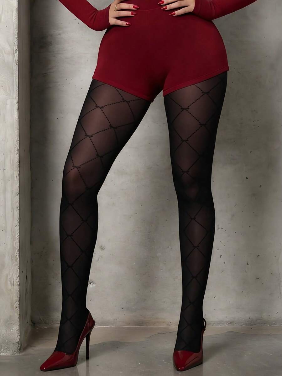 女士黑色蝴蝶结提花打底裤 - 编织蝴蝶结细节，弹力时尚，适合派对和日常穿着 - 黑色 - 查看 1