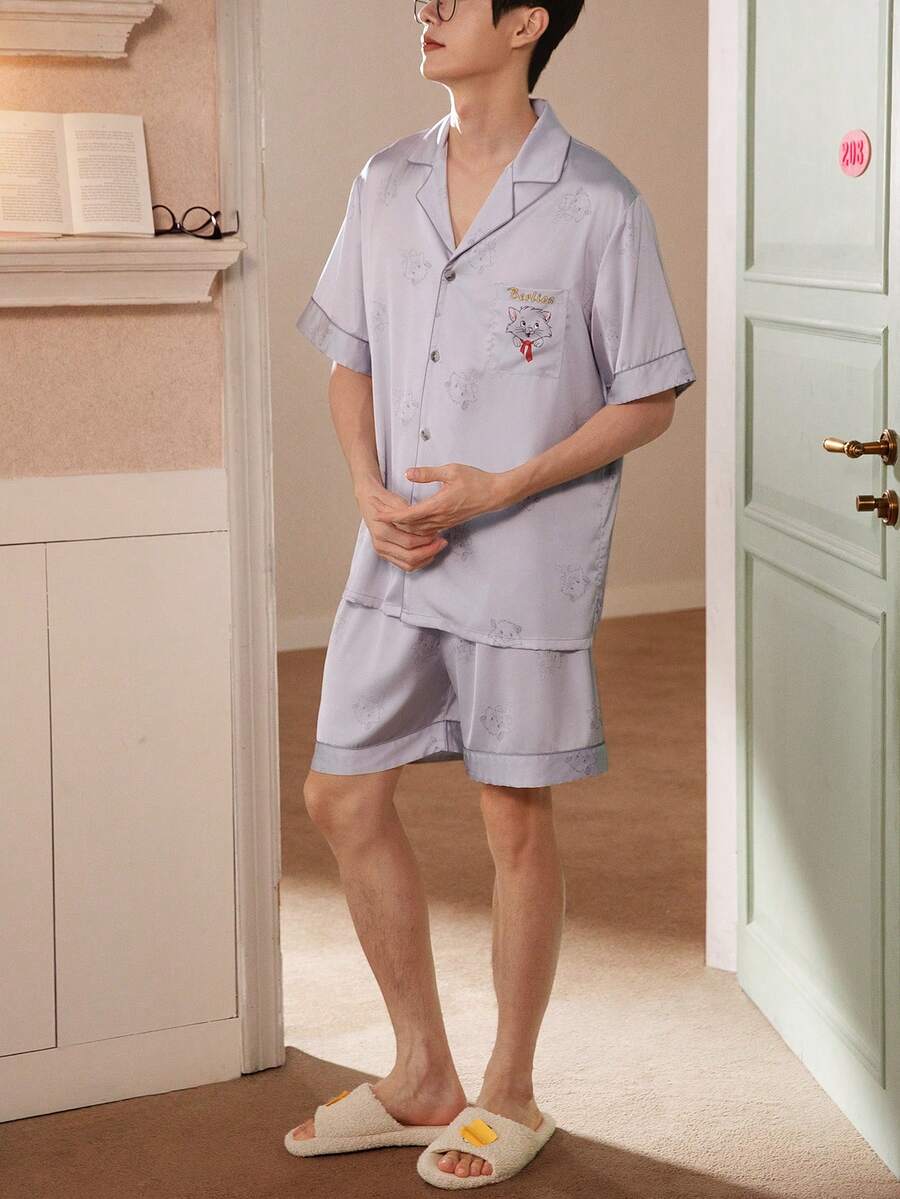 Gongdie 迪士尼玛丽猫男士睡衣套装（2件套），短袖白色睡衣，透气情侣家居服 - 霧霾藍 - 查看 1