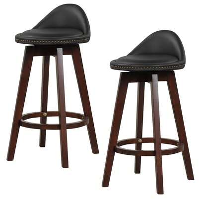  COSTWAY Swivel Bar Stool Set Of 2, PVC Leather Bar Height Chair With Low Back & Rubber Wood Legs, Armless Kitchen Island Stool For Home, Pub & Cafe, Black & Brown