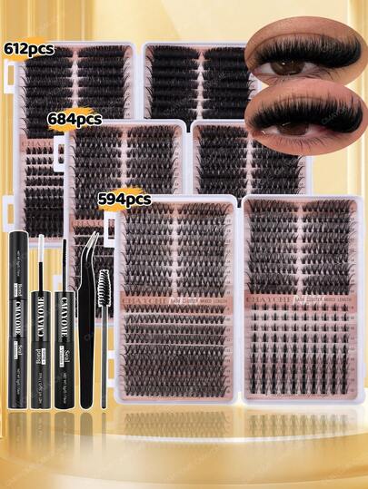 594/684/612 Natural D-Shaped Curled False Eyelashes, Mixed Pack, Suitable For Beginners, Large Capacity Eyelash Box, Classic Cartoon Design, Long-Lasting And Durable, Suitable For Everyday Makeup, Parties, Weddings, Christmas, Music Festivals, Etc. Includes Eyelash Glue, Tweezers, And Eyelash Brush. Travel Size.