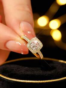 925 Sterling Silver Square Cut Diamond Ring, Fully Paved Luxury Design, Versatile Engagement/Party Ring For Women - Gold - View 4