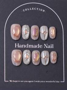 10片/套，欧美手工短椭圆美甲贴片，Y2K浅粉色系，3D手工金箔压纹线条，手绘渐变细闪猫眼美甲装饰。包含1片果冻胶和1把指甲锉。完美适用于日常佩戴，也适合科切拉音乐节派对装扮，是美甲贴片和美甲护理的理想之选。手工制作的美甲贴片。 - 淺粉色 - 查看 2