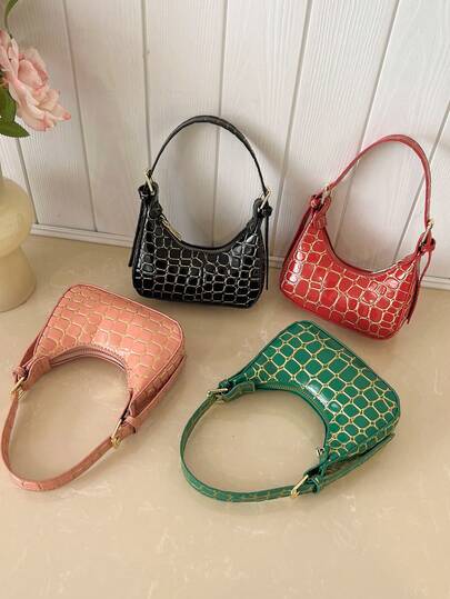 1pc Girl's Fashion Stone Texture Handbag, PU Material Zipper Closure Underarm Bag, Crocodile Skin Lipstick Clutch, Suitable For Shopping, Gathering, Daily Use